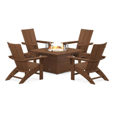 POLYWOOD Modern 5-Piece Curveback Adirondack Conversation Set w/ Fire Pit Table - Teak